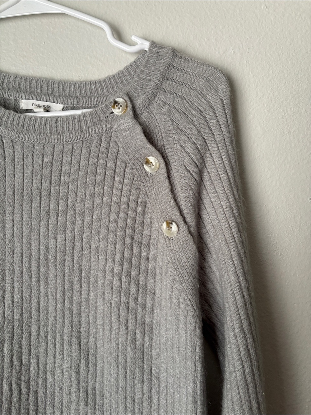 Light Gray Ribbed Button-Shoulder Crew Sweater - Picture 3 of 4